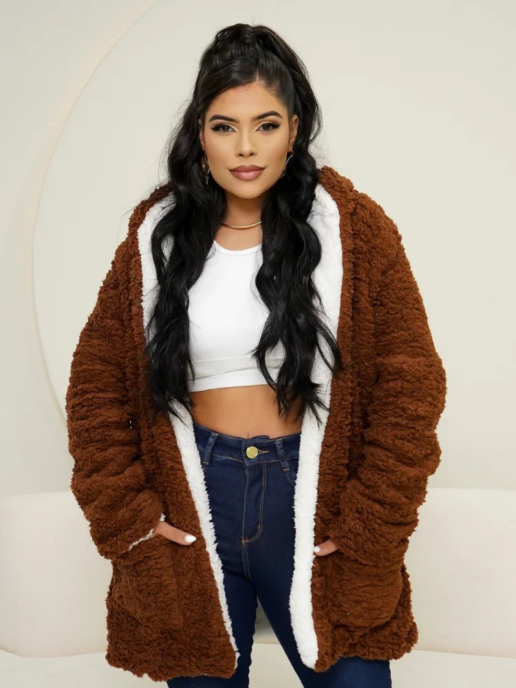Casaco Peludo Dupla Face Teddy Bear com Capuz e Bolsos, Manga Longa
