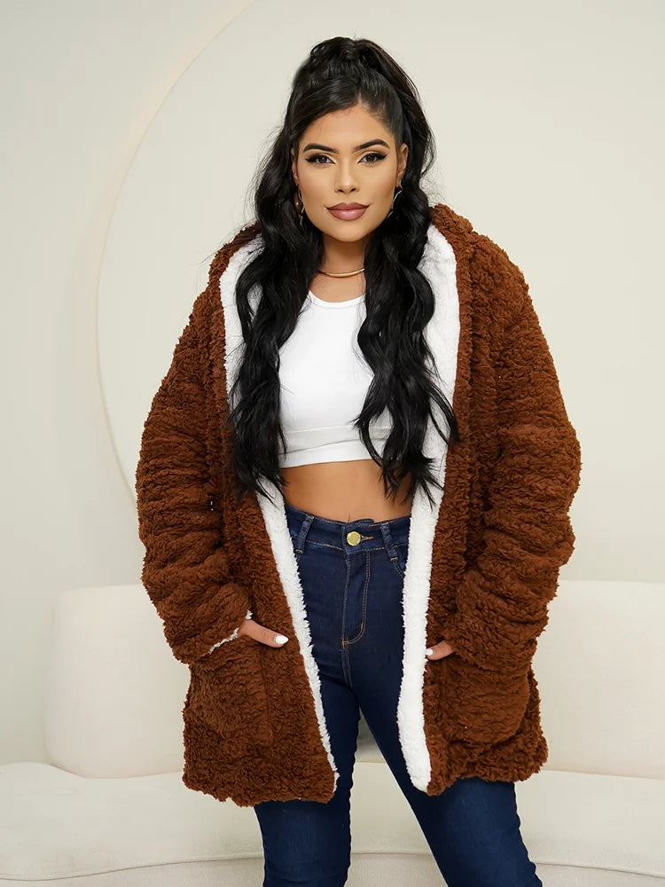 Casaco Peludo Dupla Face Teddy Bear com Capuz e Bolsos, Manga Longa