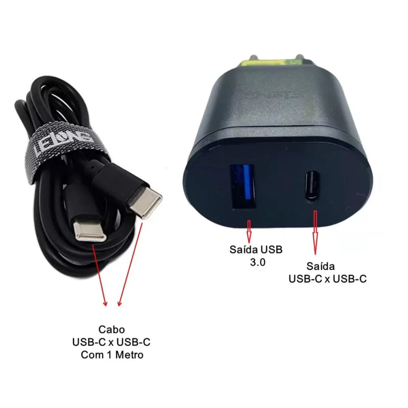 Fonte Carregador Rapido + Cabo Tipo C para Tipo C 1m - 5.1v Bivolt Compatível Samsung Motorola Xiaomi LG Android