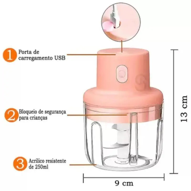 Mini Processador de Alimentos Elétrico 250ml Sem Fio, Recarregável, Triturador, Utensílio de Cozinha