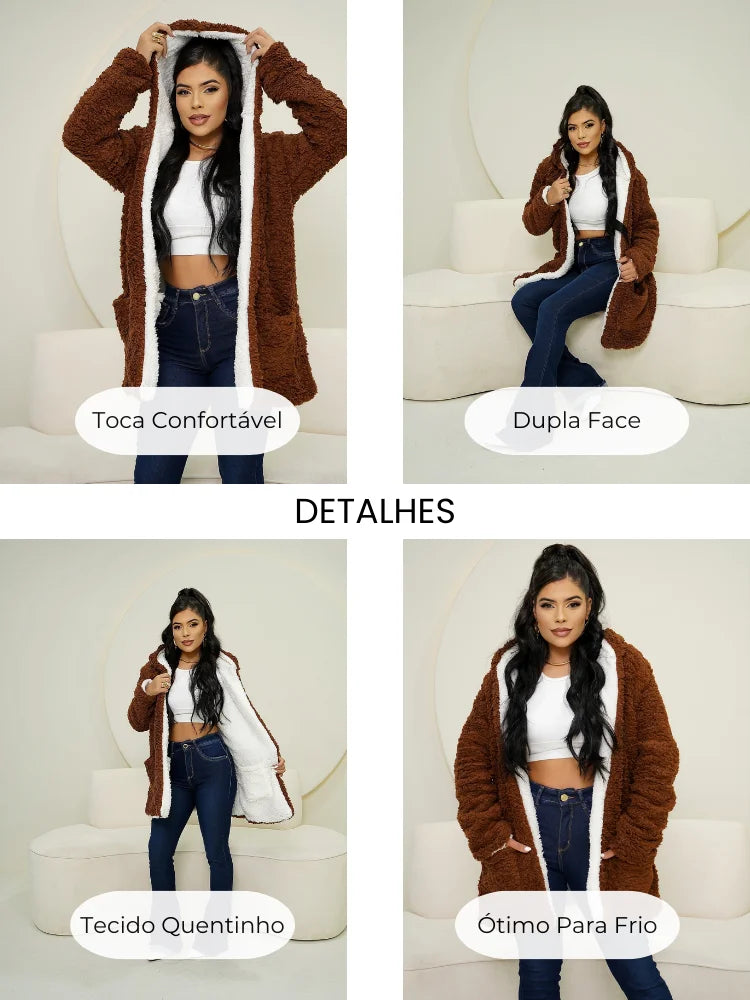 Casaco Peludo Dupla Face Teddy Bear com Capuz e Bolsos, Manga Longa