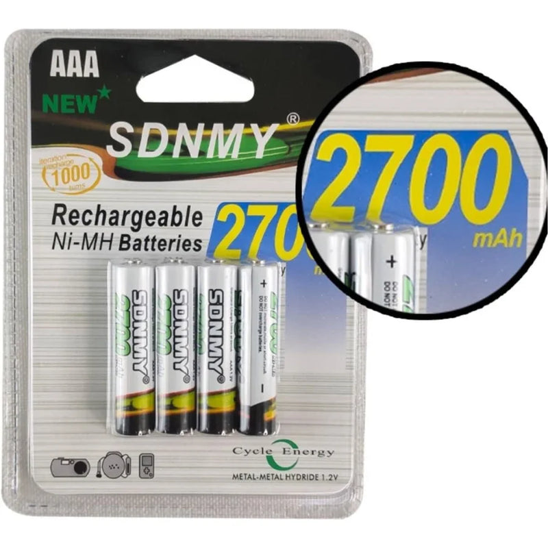 SKYTUR Conjunto de Pilhas Palito Verdes AAA com 4 Unidades Recarregaveis 2700mAh Ni-MH - ENVIO RÁPIDO PARA TODO O BRASIL