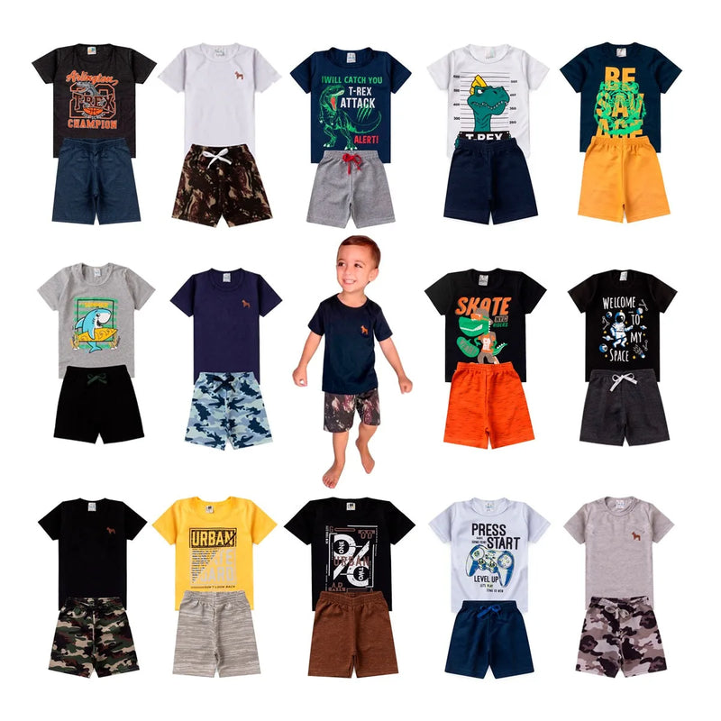 Kit com 2 Conjuntos Masculinos Infantil – Blusinha e Bermuda para Primavera/Verão