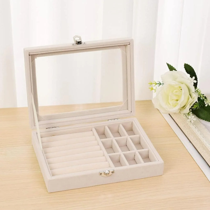 Caixa de Joias Transparente com Divisórias para Anéis, Brincos, Pulseiras e Colares Design Elegante Compacta Tampa de Flanela