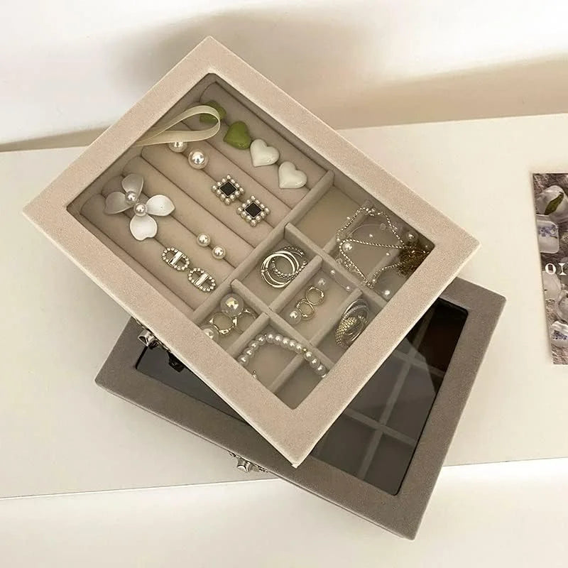 Caixa de Joias Transparente com Divisórias para Anéis, Brincos, Pulseiras e Colares Design Elegante Compacta Tampa de Flanela