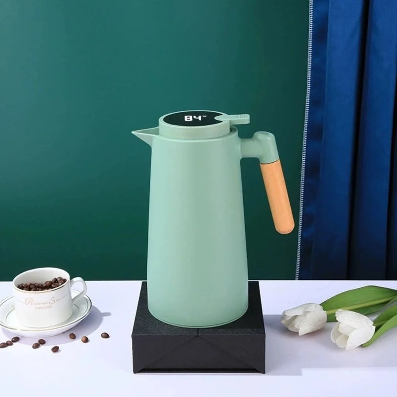 Garrafa Térmica com Termômetro Digital 1L para Café e Chá, Inox com Parede Dupla, Controle de Temperatura, Tampa Elegante de Madeira, Ideal para Escritório
