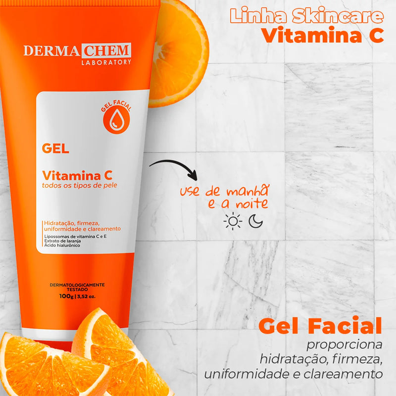 Kit 3 Skincare com Vitamina C Dermachem – Clareador e Antissinais Contém: Sérum Clareador Melasma Clear + Gel Facial Anti-Idade + Sabonete Facial com Vitamina C