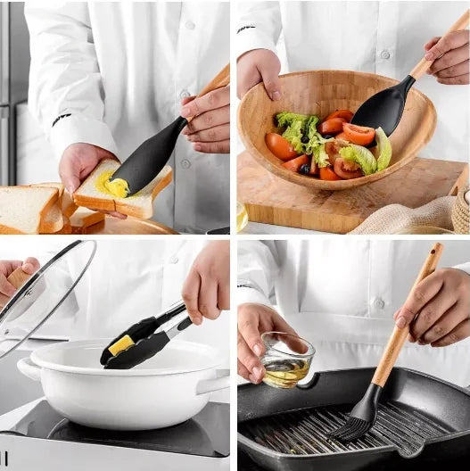 Kit de 12 Utensílios de Cozinha em Silicone e Cabo de Madeira