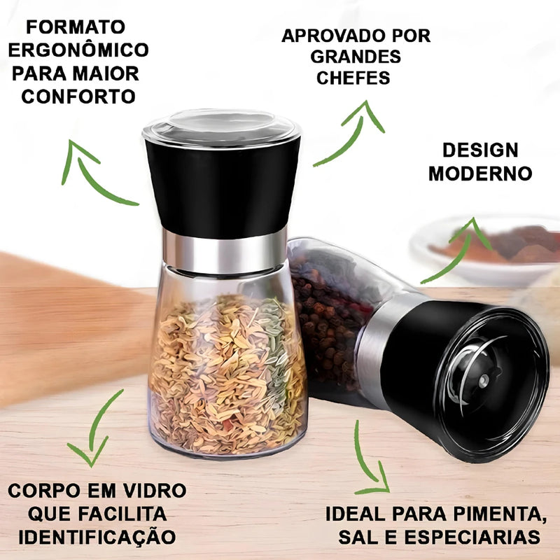 Kit com 2 Moedores para Temperos, Sal, Pimenta e Especiarias em Vidro e Inox