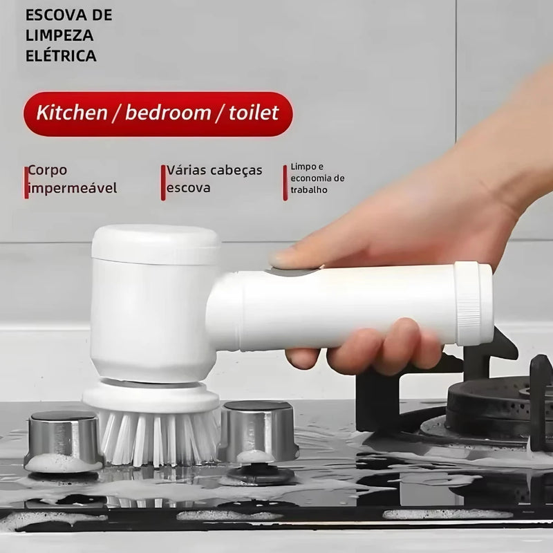 Escova de Limpeza Elétrica 5 em 1 – Sem Fio e Recarregável | Uso Multiuso para Cozinha e Banheiro