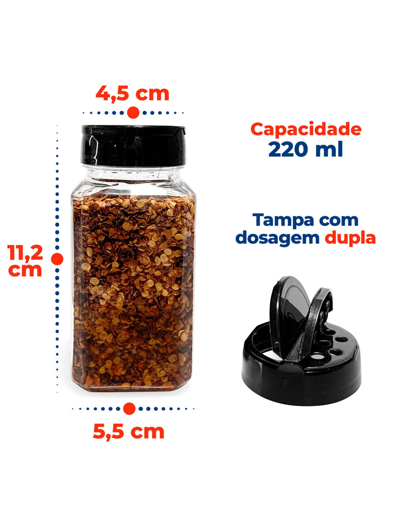 Kit com 10 Potes Plásticos para Temperos e Condimentos – 220 ml com Tampa Dosadora Dupla