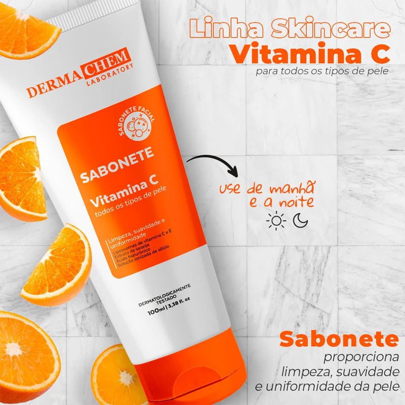 Kit 3 Skincare com Vitamina C Dermachem – Clareador e Antissinais Contém: Sérum Clareador Melasma Clear + Gel Facial Anti-Idade + Sabonete Facial com Vitamina C