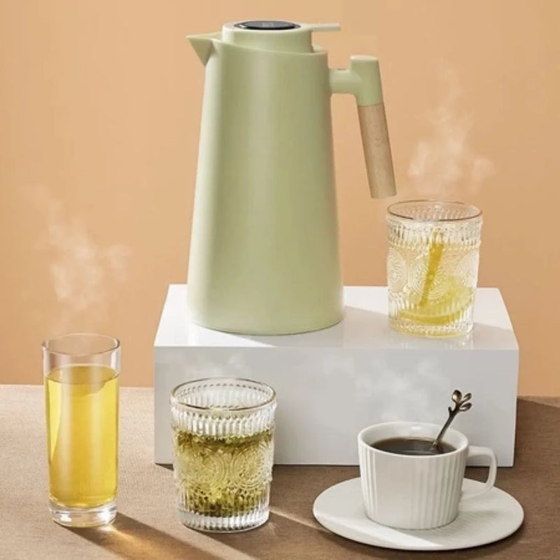 Garrafa Térmica com Termômetro Digital 1L para Café e Chá, Inox com Parede Dupla, Controle de Temperatura, Tampa Elegante de Madeira, Ideal para Escritório