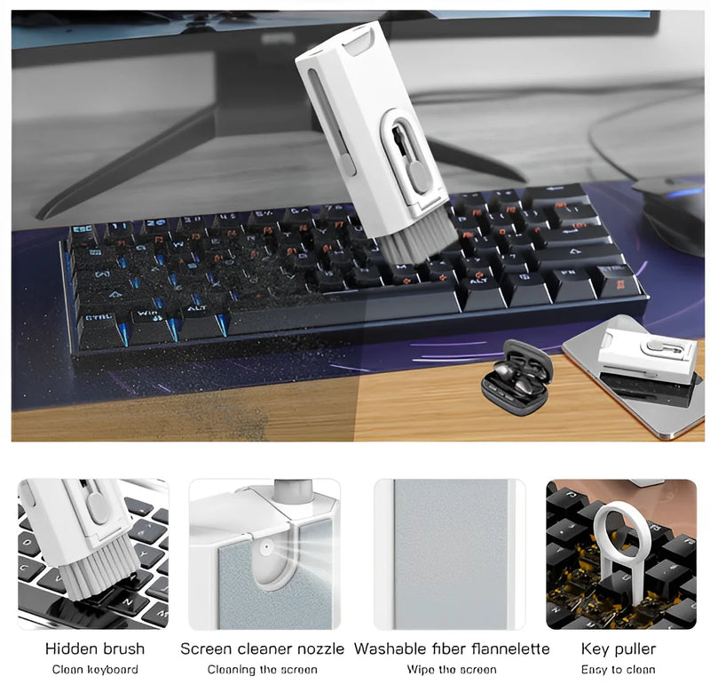 Kit Multifuncional Portátil 8 em 1 com Escova para Limpeza de Teclado, Computador, Headset e Ferramentas - Loja Neverdie