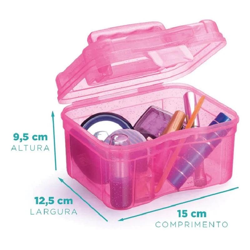 Mini Caixa Maleta 12,5 x 15 x 9,5cm Frasqueira Rosa Organizadora