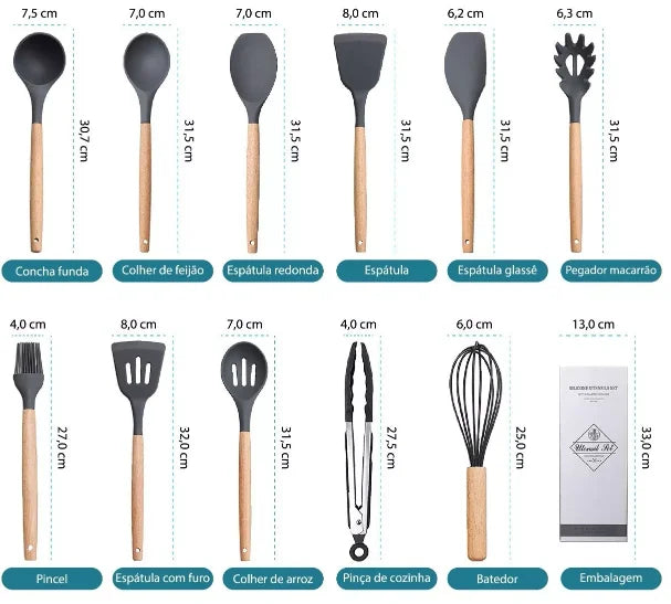 Kit de 12 Utensílios de Cozinha em Silicone e Cabo de Madeira