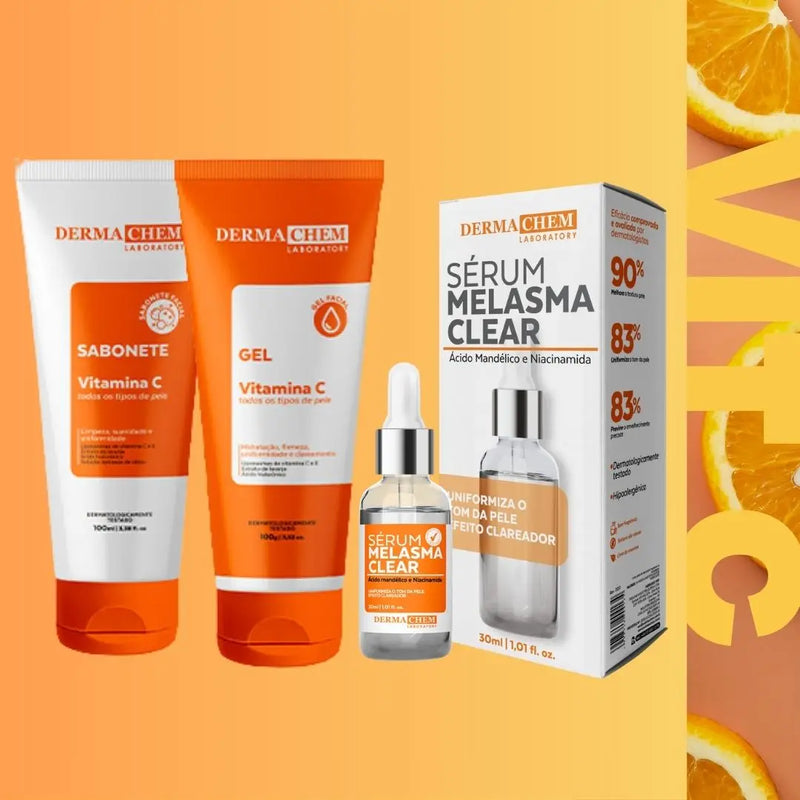 Kit 3 Skincare com Vitamina C Dermachem – Clareador e Antissinais Contém: Sérum Clareador Melasma Clear + Gel Facial Anti-Idade + Sabonete Facial com Vitamina C