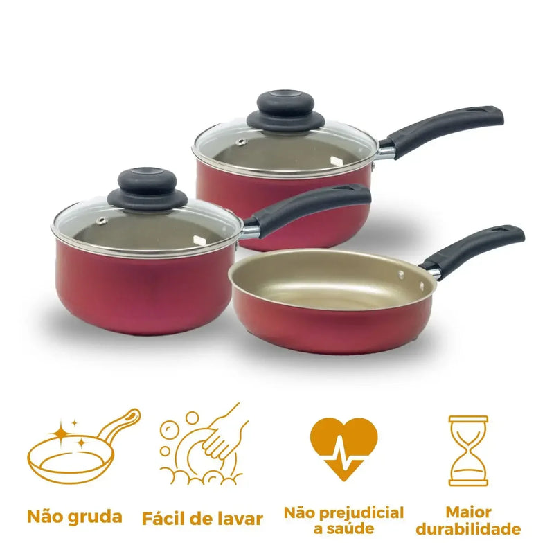 Conjunto de Panelas Antiaderentes Coloridas Premium – 3 Peças com Frigideira