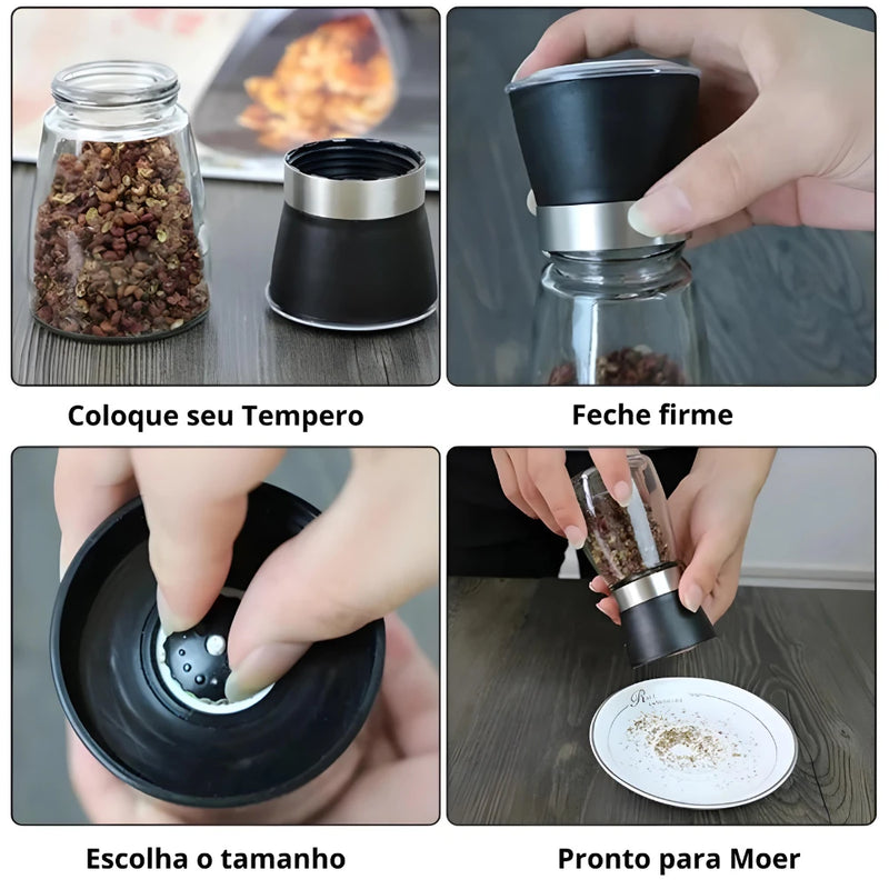 Kit com 2 Moedores para Temperos, Sal, Pimenta e Especiarias em Vidro e Inox