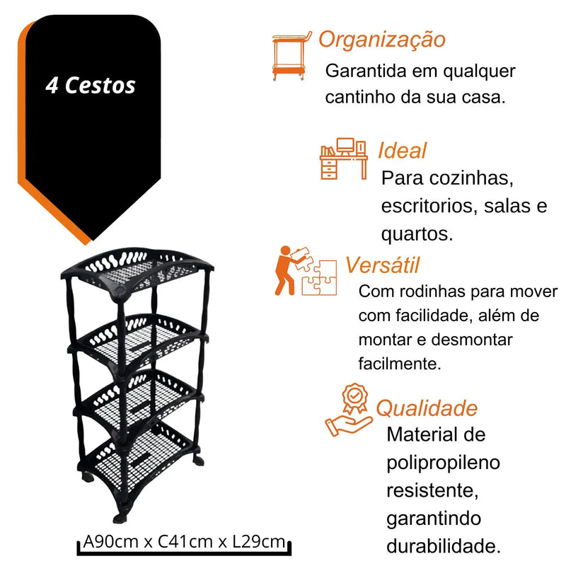 Organizador Vertical com 4 Cestos – Suporte de Piso para Frutas e Legumes | Ideal para Cozinha