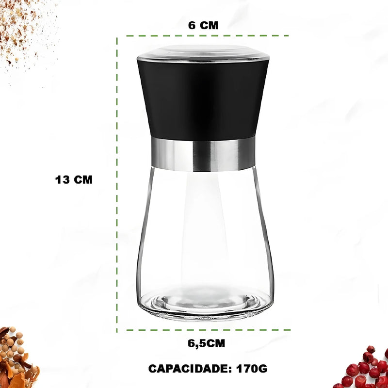 Kit com 2 Moedores para Temperos, Sal, Pimenta e Especiarias em Vidro e Inox