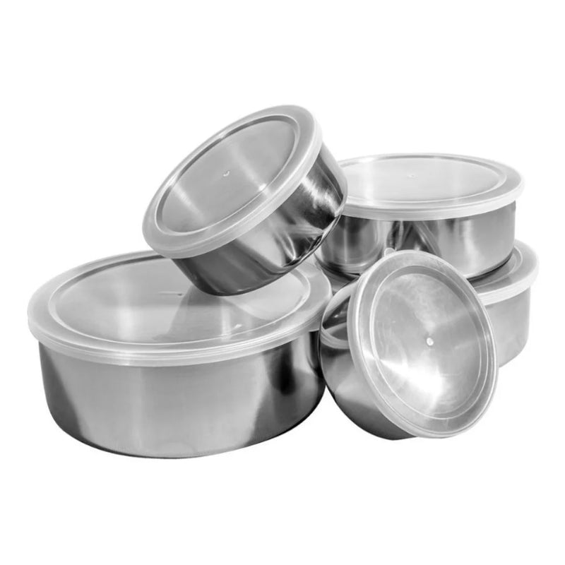 Jogo com 5 Panelas de Alumínio e Tigelas de Aço Inox com Tampa Redonda Praticidade, Eficiência e Armazenamento Elegante com Tampa Redonda Incluída