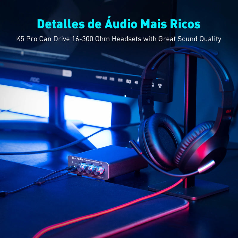 Fosi Audio K5 PRO - DAC USB Gamer com Microfone e Amplificador para Fones de Ouvido