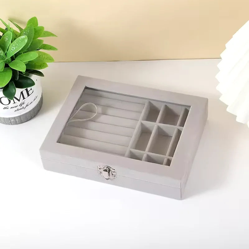 Caixa de Joias Transparente com Divisórias para Anéis, Brincos, Pulseiras e Colares Design Elegante Compacta Tampa de Flanela