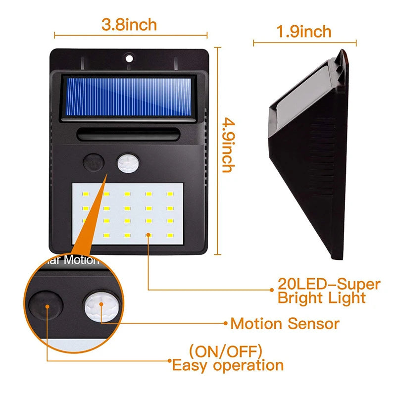 **Luminária Solar com Sensor de Presença Automático – 20 LEDs | Iluminação Eficiente para Áreas Externas, Jardins, Entradas e Garagens**