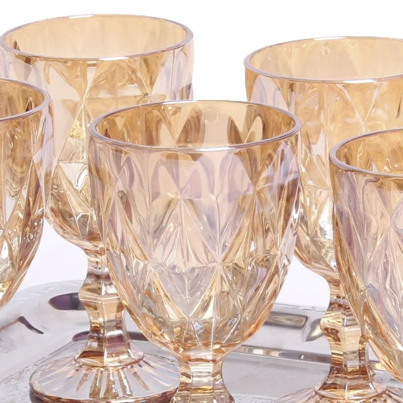 Conjunto com 6 Copos de Vidro Diamond – (Azul Diamante, Dourado Diamante, Fumê Diamante, Transparente Diamante, Marrom Diamante)