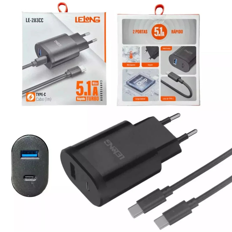 Fonte Carregador Rapido + Cabo Tipo C para Tipo C 1m - 5.1v Bivolt Compatível Samsung Motorola Xiaomi LG Android