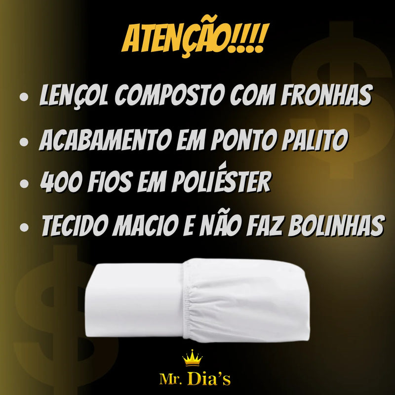 Conjunto de Lençol com 3 Peças, 400 Fios, Opções de Tamanho: Solteiro, Queen e King, Acompanha Fronhas