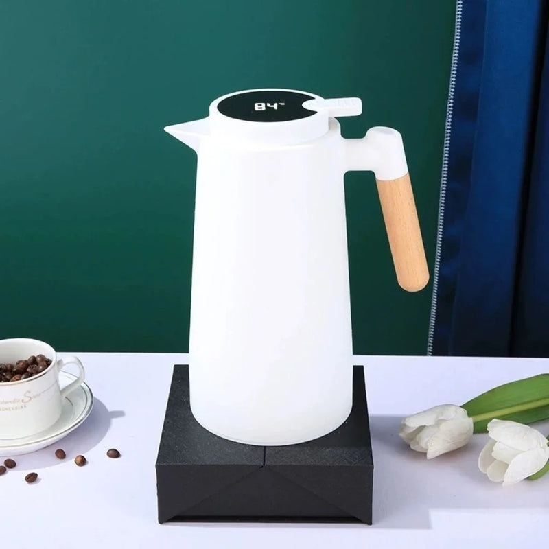 Garrafa Térmica com Termômetro Digital 1L para Café e Chá, Inox com Parede Dupla, Controle de Temperatura, Tampa Elegante de Madeira, Ideal para Escritório