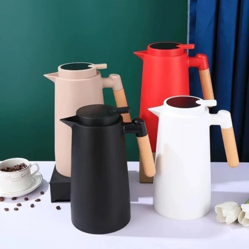 Garrafa Térmica com Termômetro Digital 1L para Café e Chá, Inox com Parede Dupla, Controle de Temperatura, Tampa Elegante de Madeira, Ideal para Escritório