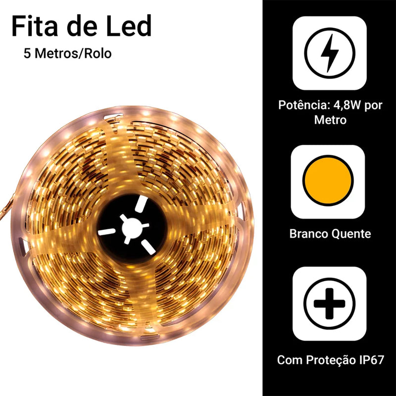 Fita de LED 5050 5m à Prova d'Água – LED Branco Quente com Silicone (Sem Fonte)