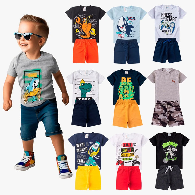 Kit com 2 Conjuntos Masculinos Infantil – Blusinha e Bermuda para Primavera/Verão