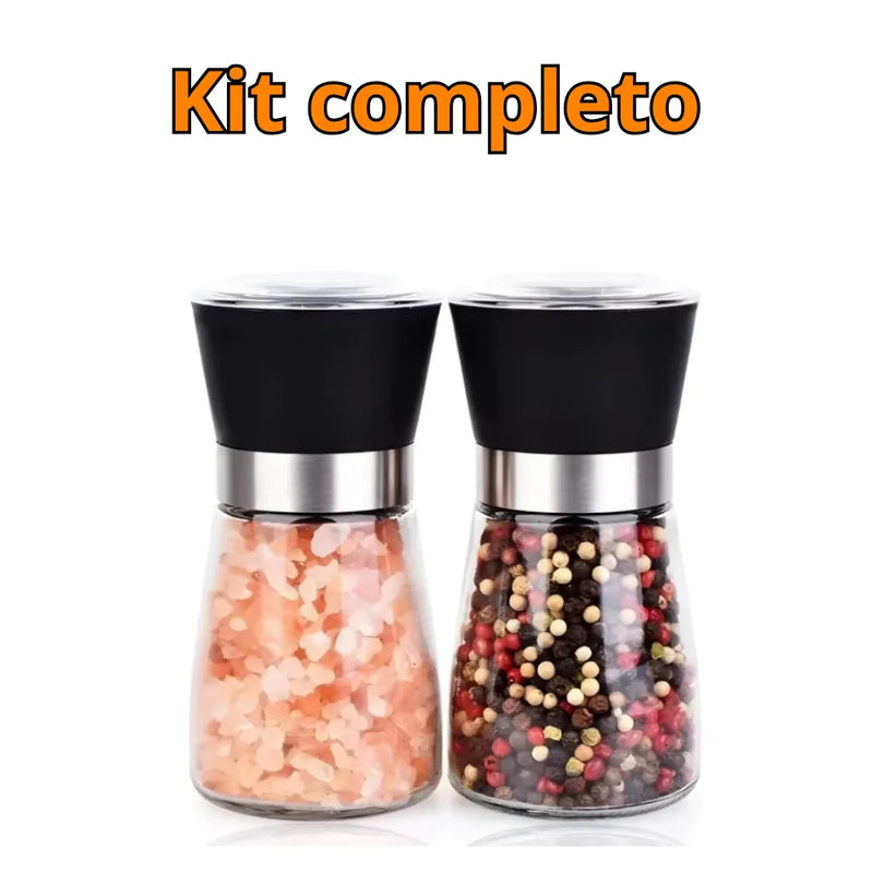 Kit com 2 Moedores para Temperos, Sal, Pimenta e Especiarias em Vidro e Inox