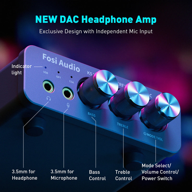 Fosi Audio K5 PRO - DAC USB Gamer com Microfone e Amplificador para Fones de Ouvido