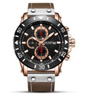 Relógio Masculino Quartz Esportivo com Três Olhos, Cronômetro, Pulseira de Couro