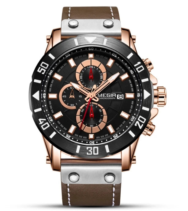 Relógio Masculino Quartz Esportivo com Três Olhos, Cronômetro, Pulseira de Couro