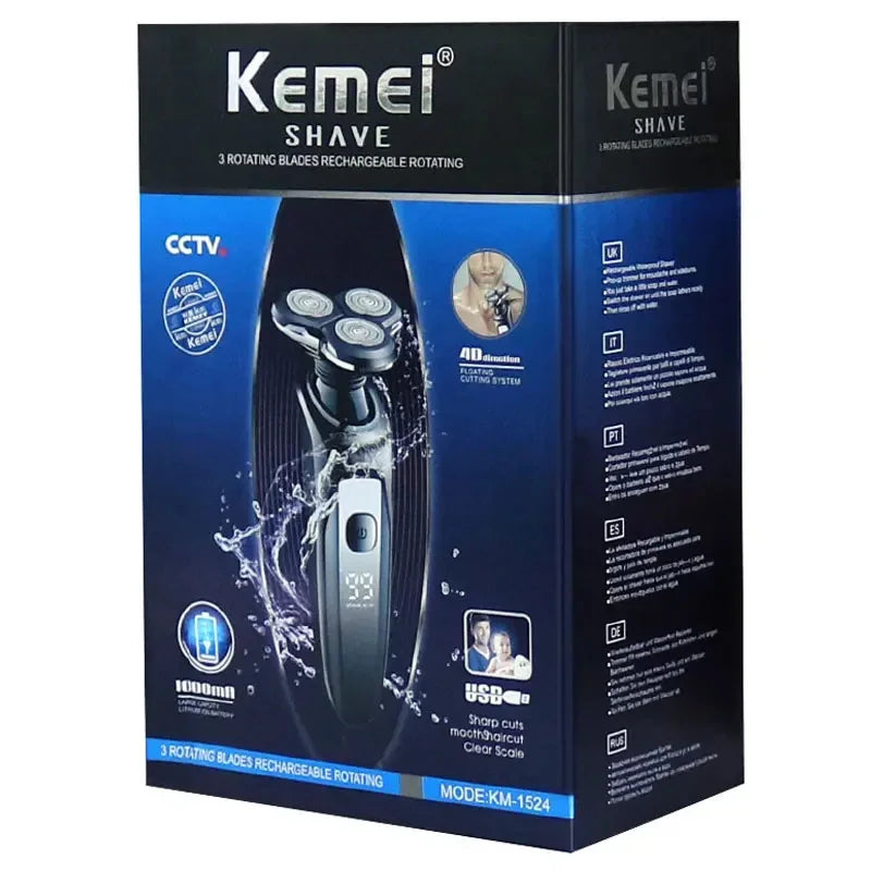 Kemei Aparador Elétrico à Prova d’Água com Display LCD – Máquina de Barbear Facial Recarregável para Barba Úmida e Seca KM-1524
