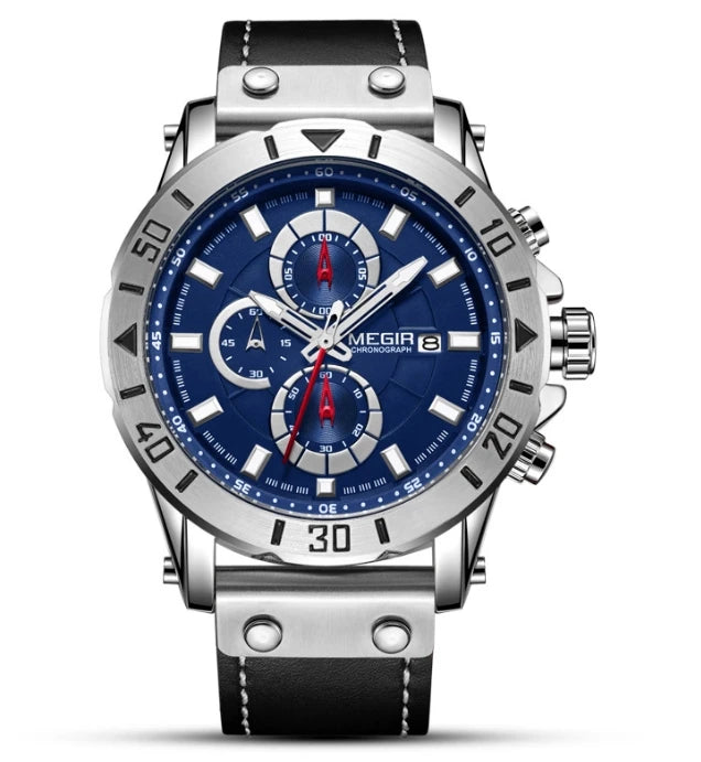 Relógio Masculino Quartz Esportivo com Três Olhos, Cronômetro, Pulseira de Couro