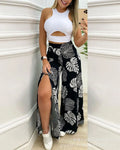 Conjunto Feminino 2 Peças – Calça Pantalona Slim Fit + Blusa Estampada Tropical