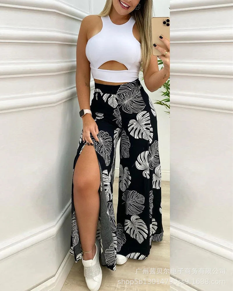 Conjunto Feminino 2 Peças – Calça Pantalona Slim Fit + Blusa Estampada Tropical