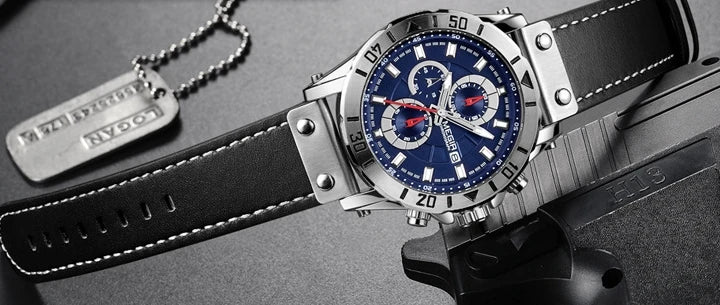 Relógio Masculino Quartz Esportivo com Três Olhos, Cronômetro, Pulseira de Couro