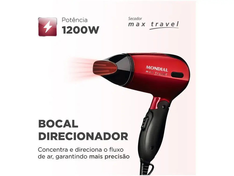 Secador de Cabelo Mondial Max Travel SC-10 – 1200W – Bivolt – Vermelho