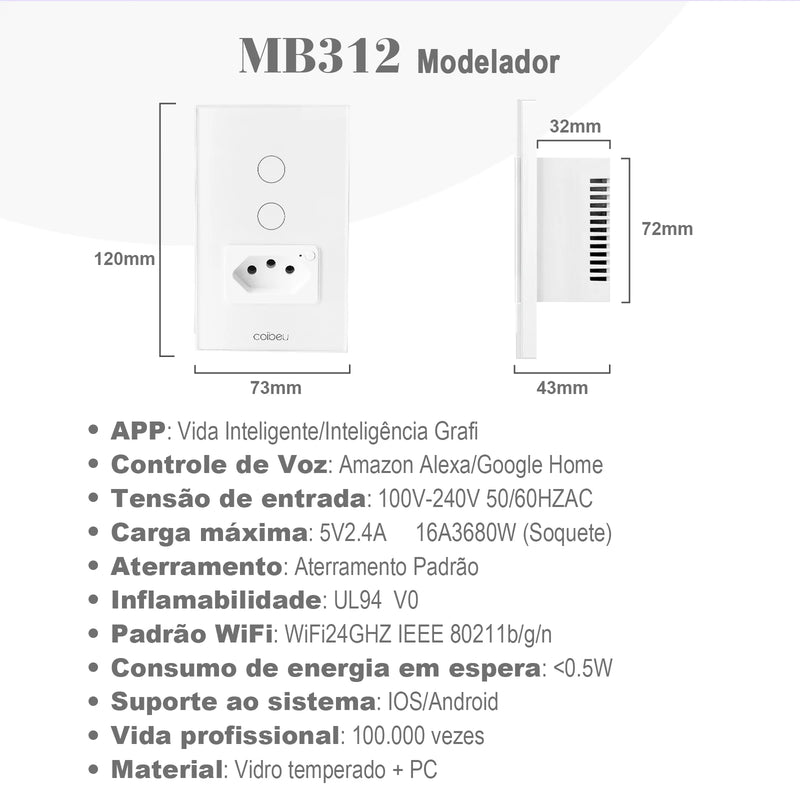Interruptor Inteligente WiFi (16A) – Controle por Voz com Alexa/Google Home, Vidro Temperado, Capacidade Máxima de 3680W, Coibeu