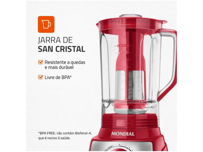 Liquidificador Mondial Turbo L-1100 RI Red - 1100W, Aço Inox, 12 Velocidades com Filtro - 220V