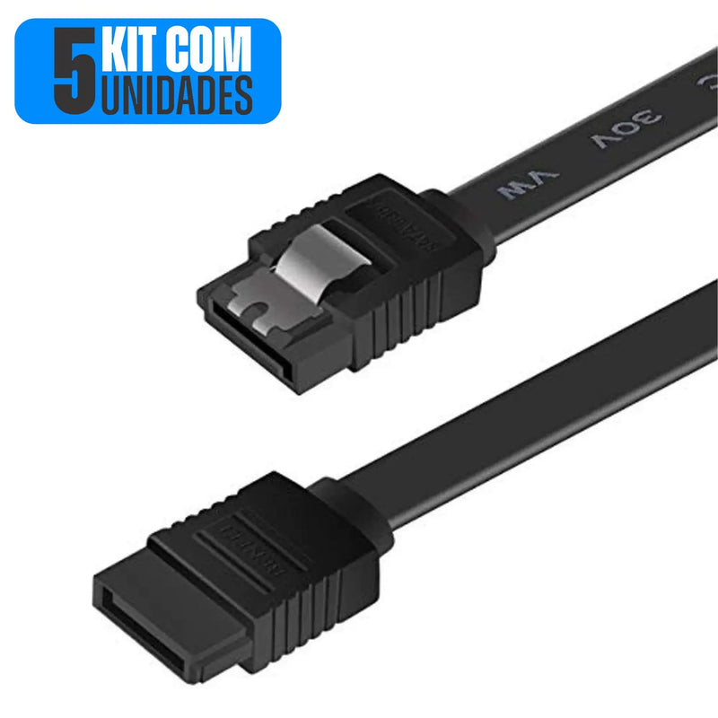 Kit com 5 Cabos de Dados SATA 3 6 Gb/s com Trava – 40 cm conector em ângulo reto – Preto HD – Compatível com SSD