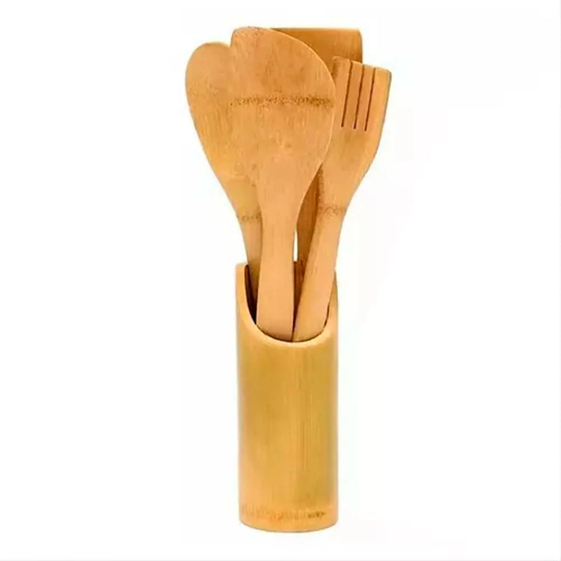 Conjunto de Utensílios com 4 Espátulas de Bambu e Copo